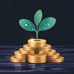 A young plant grows out of a stack of gold coins, symbolizing growth, investment, and financial prosperity.