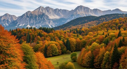 Obraz premium Stunning mountain vista in vibrant fall colors with forested slopes and peaks