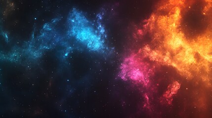 Fototapeta premium A breathtaking expanse of vibrant cosmic nebulae, showcasing a dynamic interplay of luminous blues and fiery oranges, set against a backdrop of star-studded darkness.