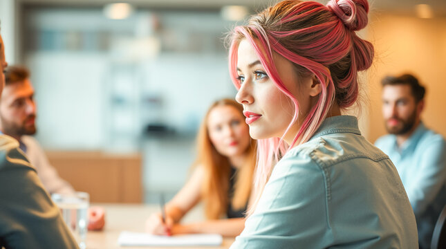 Young Woman Attending a Modern Business Meeting in a Collaborative Office Environment. Diverse Group of Professionals Engaged in a Focused Discussion or Brainstorming Session.