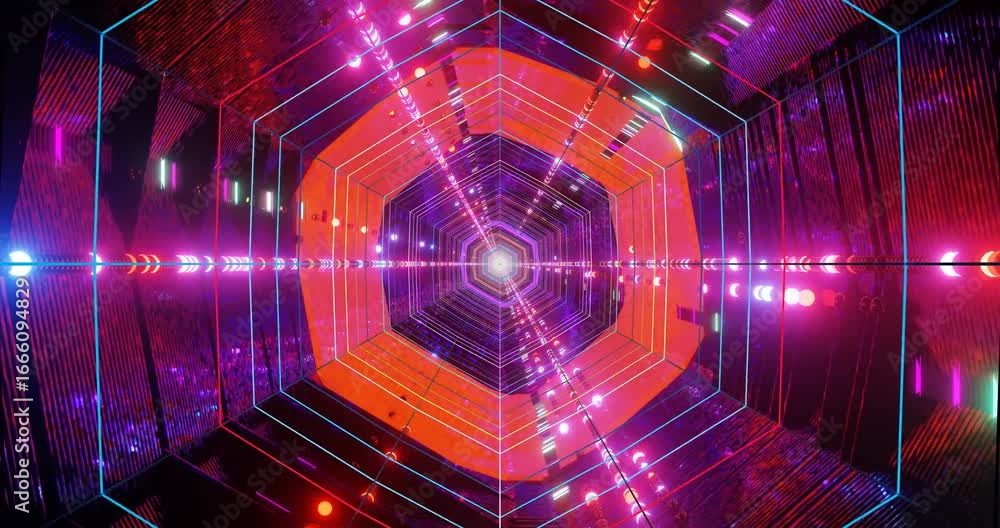 Poster dynamic visuals unfold in a vibrant tunnel filled with radiant colors and light patterns, creating a