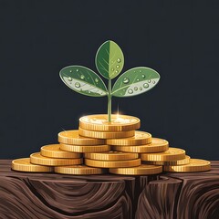 A small green plant with water droplets grows from a stack of gold coins on a wooden surface, against a dark background.