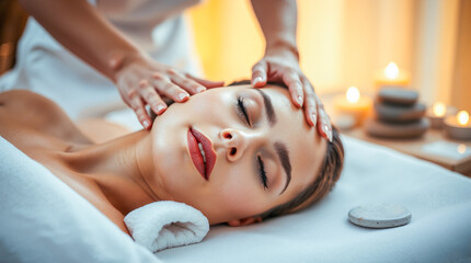 Obraz premium Serene Young Woman Receiving Relaxing Head and Face Massage at a Luxury Spa. Holistic Wellness, Beauty Treatment, and Stress Relief in a Peaceful Setting.