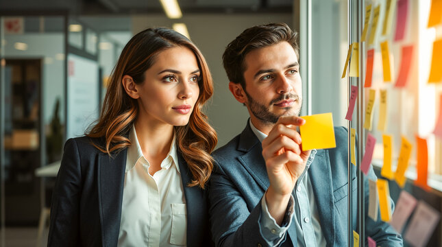 Young Business Colleagues Brainstorming Creative Ideas and Developing Strategies on a Glass Board with Sticky Notes in a Modern Office Environment, Teamwork and Project Management. - Powered by Adobe