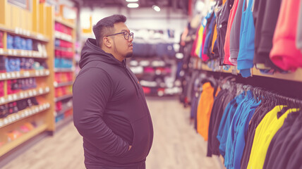 Plus size Asian male shopping sportswear store, selecting trendy hoodie from colorful activewear display, reflecting modern fashion inclusivity