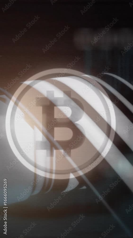 Poster animation of bitcoin symbol over data processing and light trails on black background