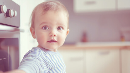 Baby exploring built in oven in modern kitchen, emphasizing childhood curiosity and potential safety hazards in domestic environment