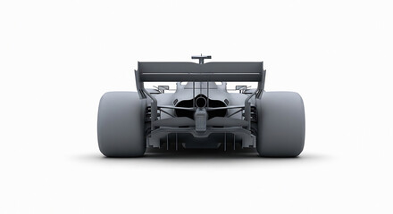 Rear view of a futuristic racing car with aerodynamic design and wide tires showcasing power