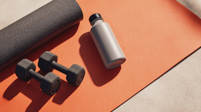 Fitness equipment flat lay with dumbbells, yoga mat and water bottle symbolizing health, exercise, home workout, strength training and active lifestyle.