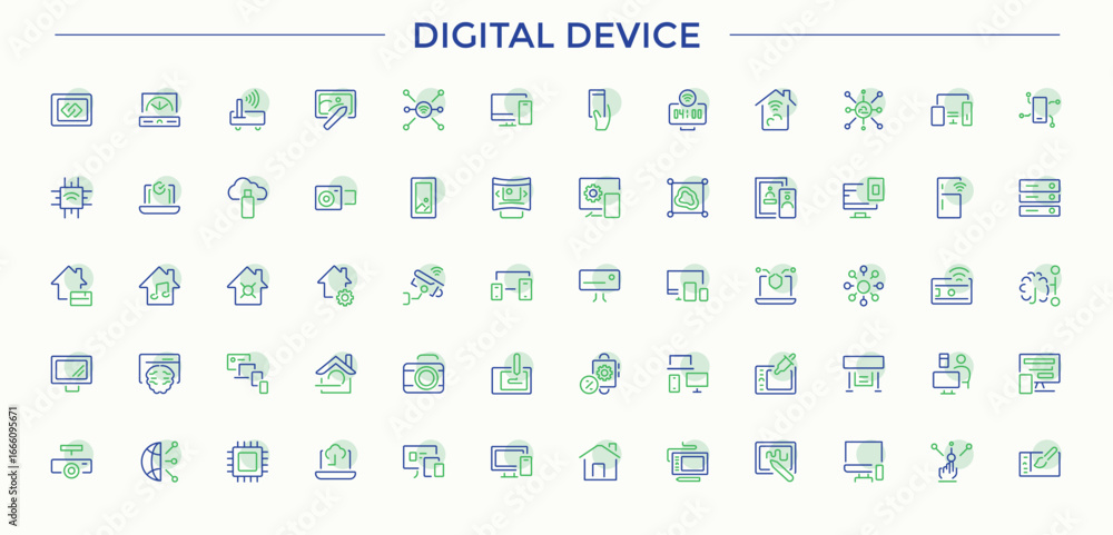 Poster digital device colorful line icon set. containing pc, hardware, tablet, laptop, computer and device,