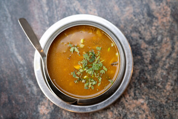 Veg soup indian street food, close up view