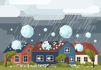 Fototapeta na wymiar Houses under a stormy sky with large hailstones falling.