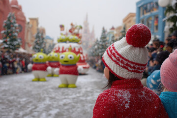 festive american park filled with christmas parades and cheerful people children adorned in winter attire waving at