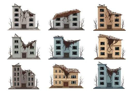 Nine damaged buildings with broken windows and debris.