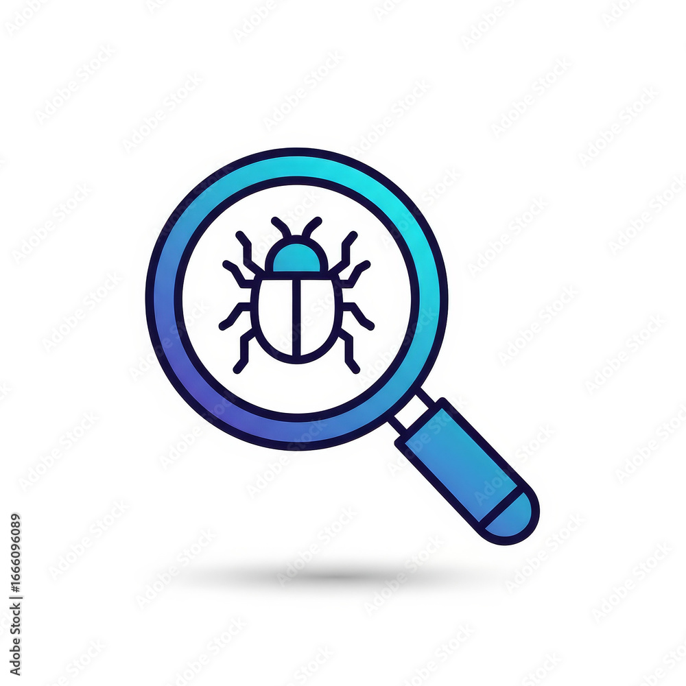 Poster magnifying glass focusing on malware bug symbolizing cybersecurity
