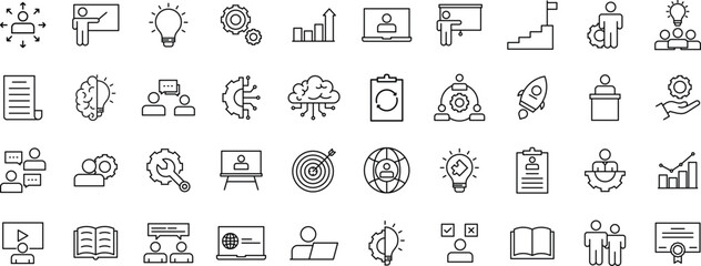 Workshop and e-learning Line Icon Set. Outline Vector Collection for Presentation, Education, Teamwork, and Professional Development. outline icon pack.