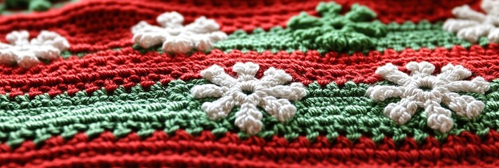 Closeup of a Festive Christmas Crochet Blanket with Red and Green Stripes and White Snowflake Appliqu?s