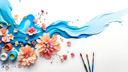 Fototapeta premium Artistic flat lay composition featuring textured blue paint, soft pastel flowers, and brushes on white canvas, great for creative projects, decoration, and contemporary art concepts
