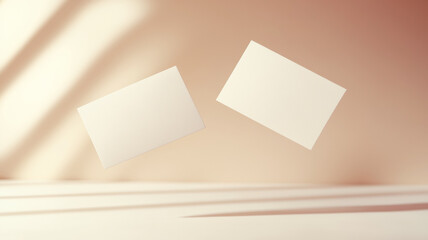 Business cards hovering above neutral surface, casting soft shadows, representing professional branding design concept
