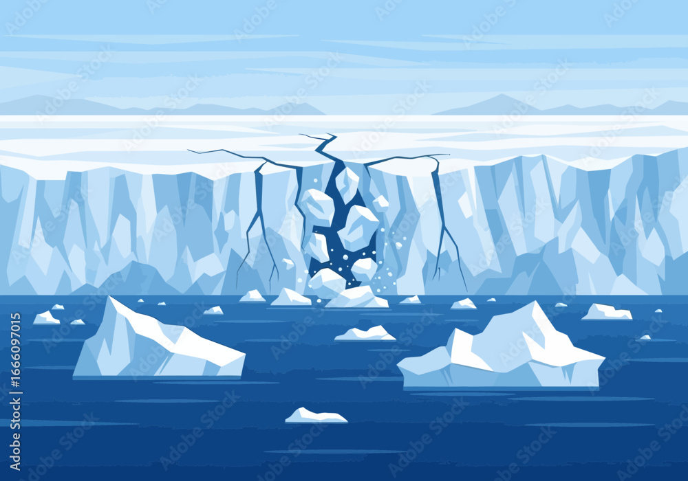 Wall mural iceberg calving with large chunks falling into the ocean.