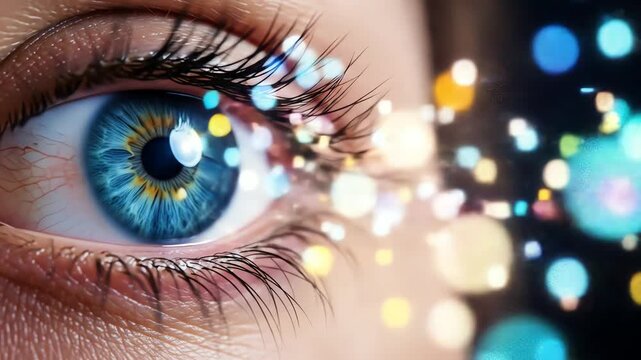 Close Up Vibrant Eye With Colorful Light Particles