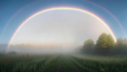 Naklejka premium Majestic double rainbow over a misty field