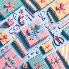 Obraz premium Pastel Gift Wrapping Supplies Flat Lay