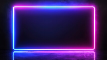 Neon light rectangle frame on a dark textured background, with vibrant blue and pink hues.