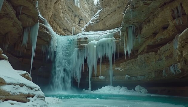 Captivating frozen waterfall displaying suspended droplets in a beautiful icy landscape