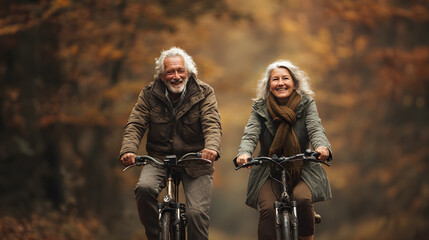 Happy senior couple cycling in sunny autumn day, smiling and enjoying nature.