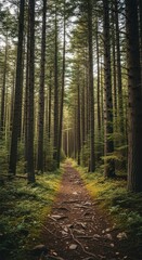 Obraz premium Immersive Forest Path Through Towering Evergreen Trees in Woodland Realm