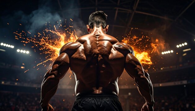 Muscular man in a stadium, fire sparks