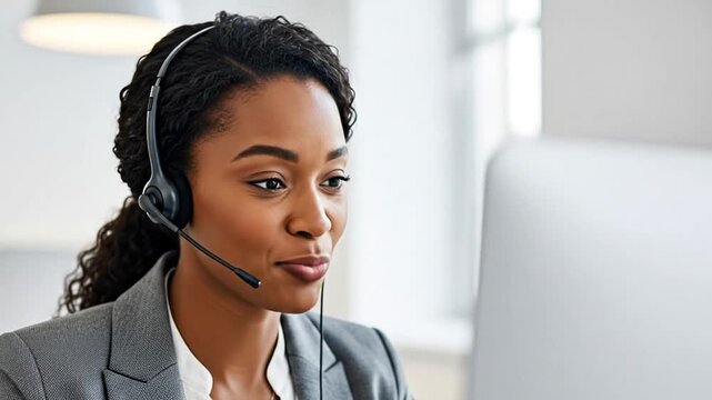 Corporate call-center Female given  customer‑service wearing headset and blazer and infront of laptop 