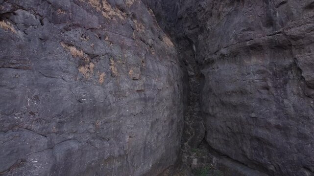 Aerial closeup of Sahyadri mountains basalt rock formation, Maharashtra, Lonavala