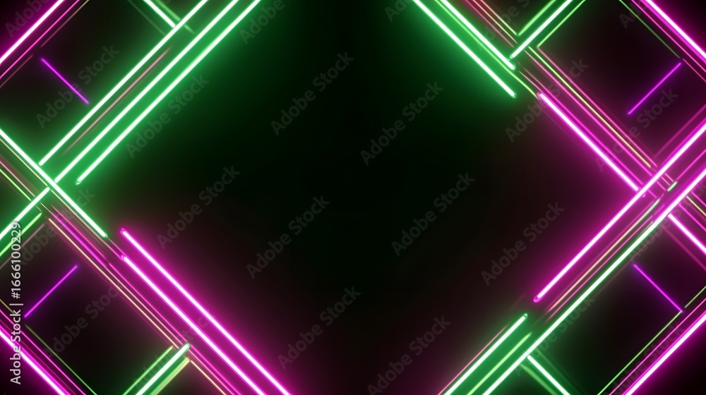 Poster intricate neon lines crisscrossing in vibrant fuchsia and lime green against a dark background creat