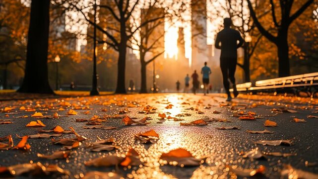 People Jogging Through Autumn Park at Sunset