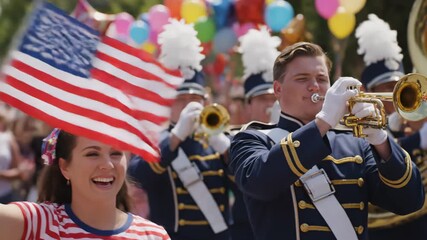 Woman smiling, holding flag, marching band parade, celebration, for holiday promotions
