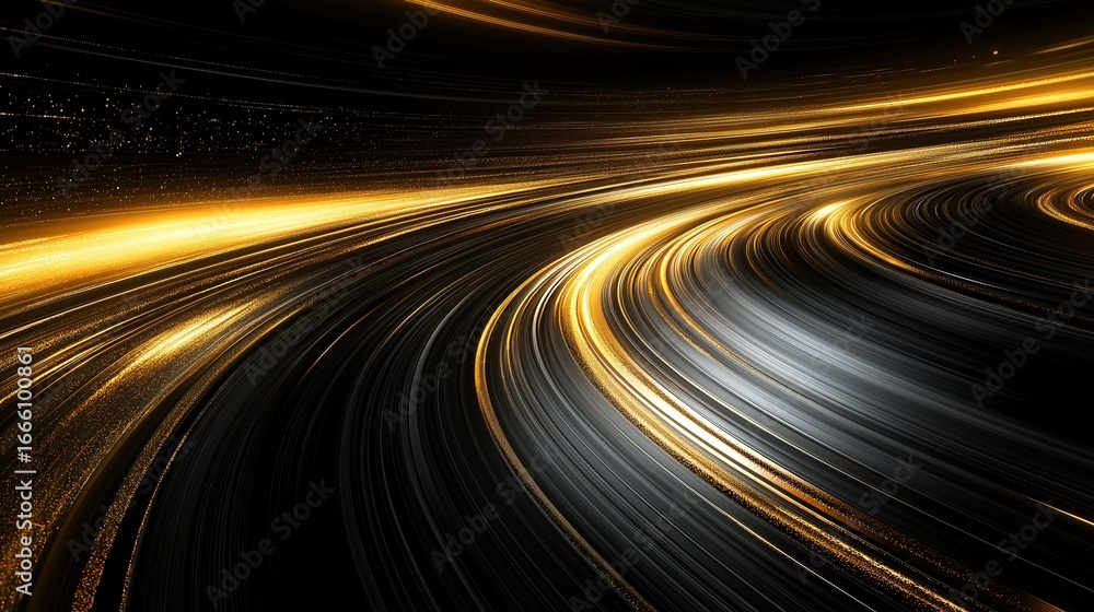 Aufkleber abstract futuristic background with golden light streaks and curved motion lines on black backdrop, 