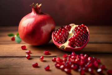 Whole Pomegranate With Seeds Spilled on Rustic Table