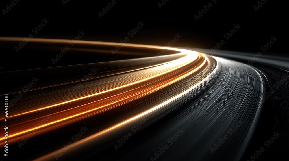 Poster abstract high-speed light trail with glowing orange and white lines on dark background, curved upwar