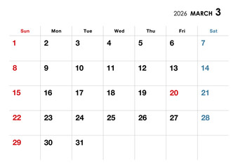 2026年3月カレンダー　横向き