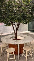 Modern cafe interior with a tree centerpiece, round table, and wooden stools, combining natural and minimalist industrial design.
