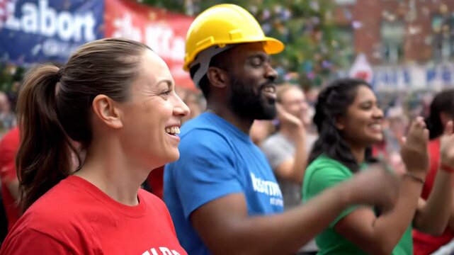 Happy workers celebrating Labor Day, in a parade, for social media