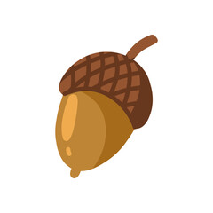 Cute brown oak acorn in flat cartoon style isolated on white, perfect for autumn design
