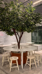 Modern cafe interior with a tree centerpiece, round table, and wooden stools, combining natural and minimalist industrial design.