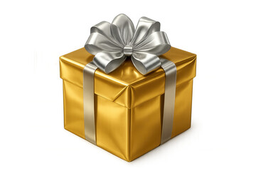 Metallic gold present container adorned with silvery ribbon, gleaming against transparent backdrop, symbolizing festive gifting moments