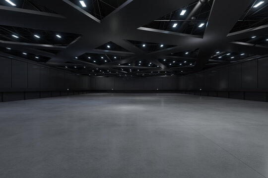 Empty hall exhibition centre.The backdrop for exhibition stands, booth,market,trade show.Conversation for activity,meeting.Arena for entertainment,event,sports.Indoor  for Factory,showroom.3d render.
