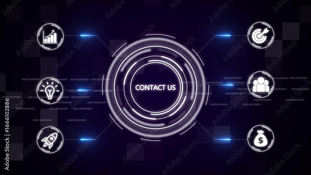 Poster interacting with a contact us button on a futuristic virtual touch screen interface. business techno