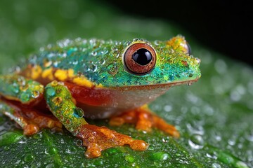 A close-up of a vibrant green and orange frog sitting on a leaf. The frog has shiny skin with droplets of water, showcasing its colorful patterns and large eyes.