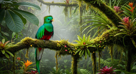 Resplendent Quetzal perched majestically on a moss-covered branch amidst lush, verdant rainforest, displaying vibrant plumage and serene presence against the backdrop of ethereal mist and tropical